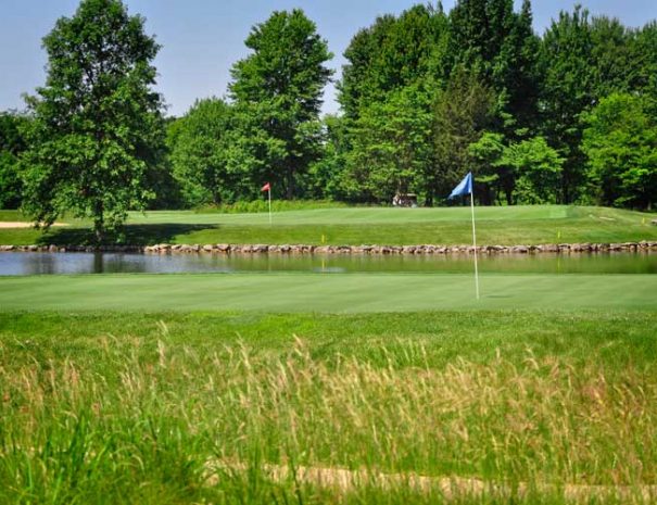 Hole 18 green with hole 9 island green in the background